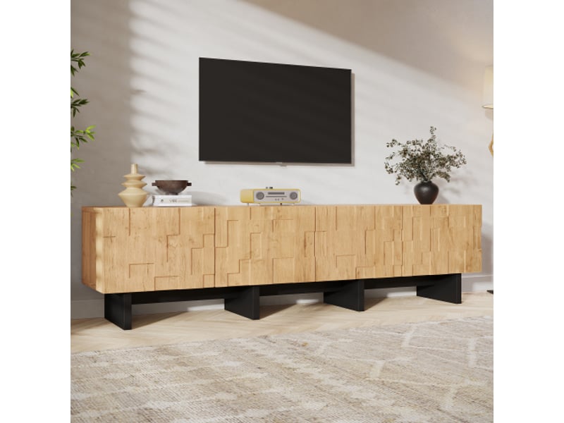  Meuble tv bas 180 cm, finition bois naturel, avec façades en relief  - Conforama B