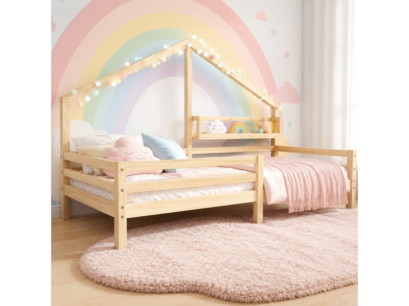  Lit cabane enfant avec étagère 90x200 cm en pin naturel  - Conforama D