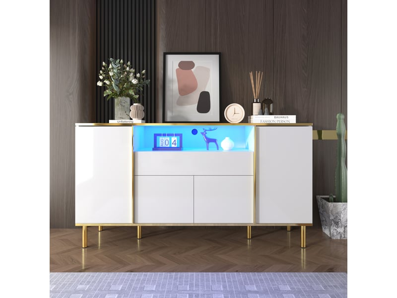  Buffet 4 portes avec led, 150x40x80 cm, blanc brillant et doré  - Conforama C