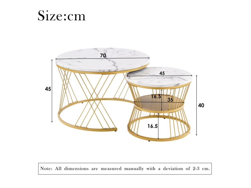  Tables basses gigognes avec 2 plateaux et base métallique, finition marbrée brillante, pour salon, en mdf, blanc  - Conforama D