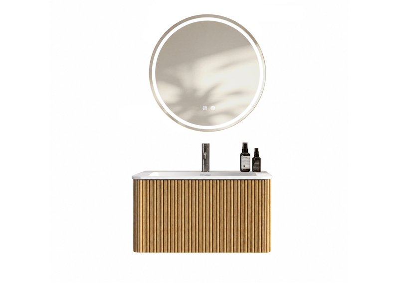  Meuble sous vasque mural avec 1 tiroir, vasque intégrée et miroir led antibuée réglable pour salle de bain finition chêne  - Conforama A