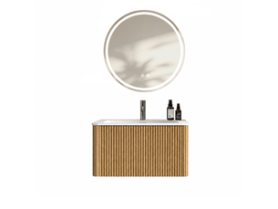 Meuble sous vasque mural avec 1 tiroir, vasque intégrée et miroir led antibuée réglable pour salle de bain finition chêne