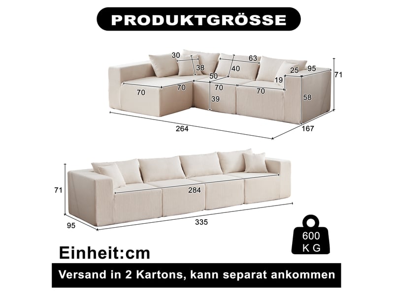  Canapé d’angle modulable 4 places en velours côtelé, assise basse sans montage, 264 × 167 × 71 cm, beige  - Conforama C
