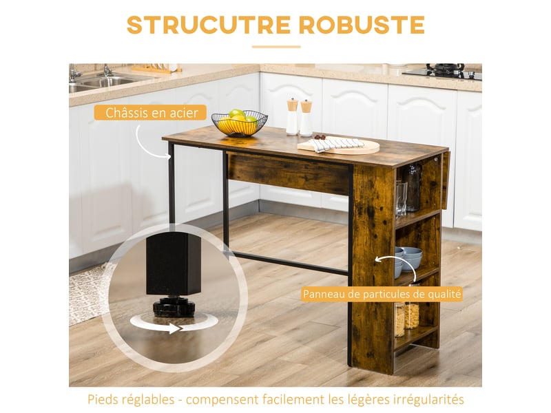 Ilot centra table de bar plateau rabattable  latéral et 3 étagères 120 x 76 x 91,4 cm brun rustique  - Conforama R