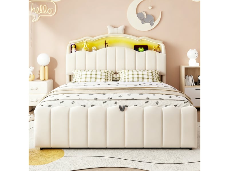  Lit coffre enfant modenvie 140 x 200 cm avec tête de lit à rangement, led multicolore, ports usb et usb-c, velours beige  - Conforama E