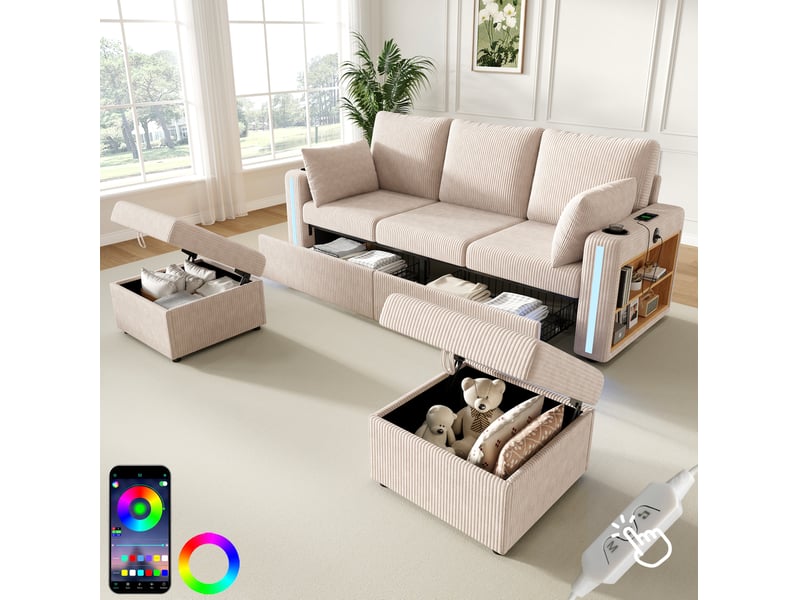  Canapé modulable 190x130x85 cm avec 2 poufs de rangement, led, beige  - Conforama B