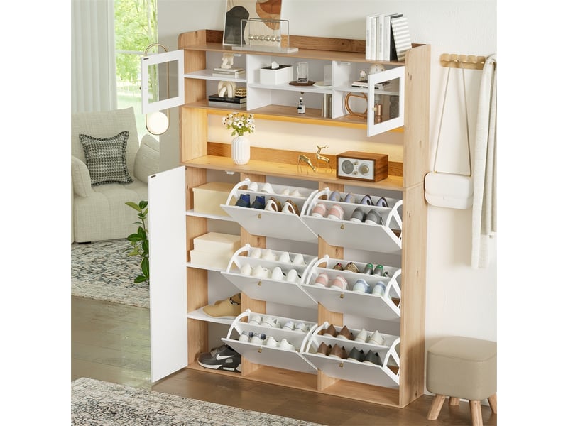  Meuble à chaussures avec led et vitrine – 130 x 25 x 180 cm – 6 abattants modulables et 1 porte verre – mdf - blanc et naturel  - Conforama D