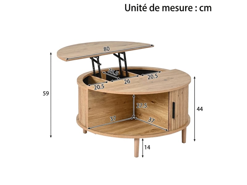  Table basse ronde avec rangement, plateau relevable, effet chêne, 80 x 80 x 59 cm  - Conforama C