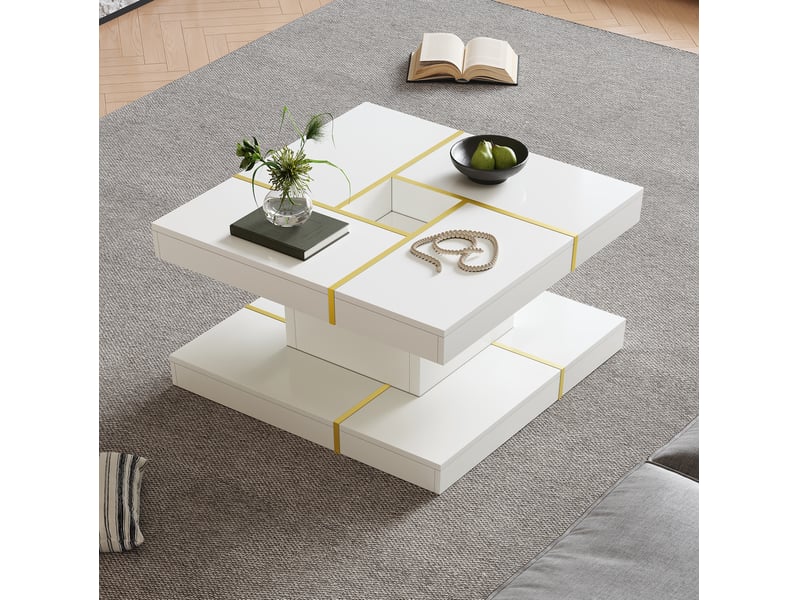Table basse carrée à deux niveaux avec niche centrale et bordures métalliques dorées en panneau de particules blanc - Conforama D