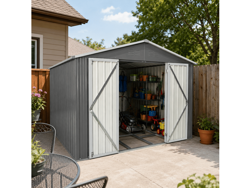  Abri de jardin en métal 10 x 8 pieds gris avec toit à deux pentes, cadre de sol intégré, 7,46 m²  - Conforama B