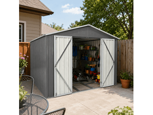 Abri de jardin en métal 10 x 8 pieds gris avec toit à deux pentes, cadre de sol intégré, 7,46 m²