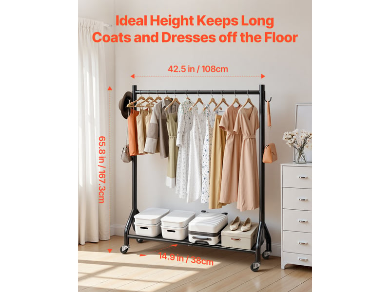  Vevor portant a vetements avec roulettes, porte-manteau robuste en acier carbone avec barre de suspension et crochets lateraux, charge de 90 kg, penderie a vetements pour chambre, buanderie, salon  - Conforama C