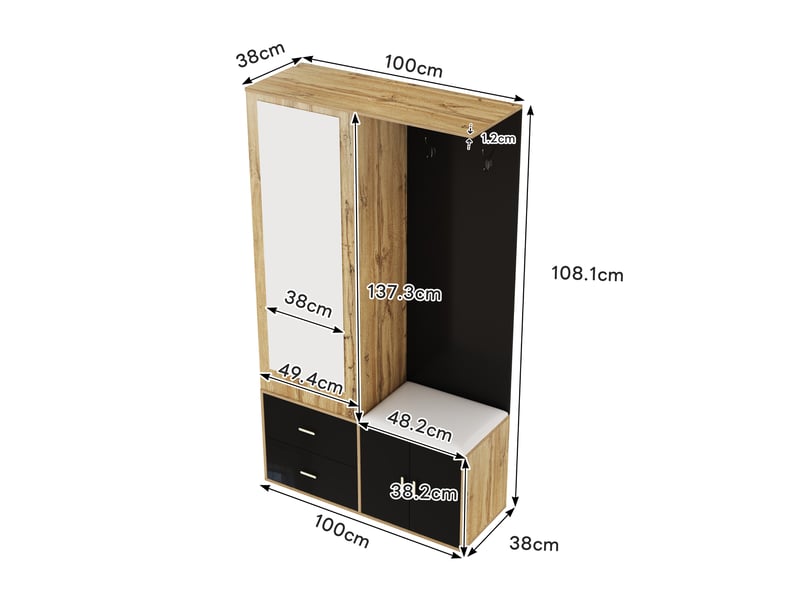  Armoire avec 2 portes,2 tiroirs,miroir,crochets,tringle à vêtements extensible,meuble à chaussures et banc à chaussures,noir+naturel armoire noir - Conforama C