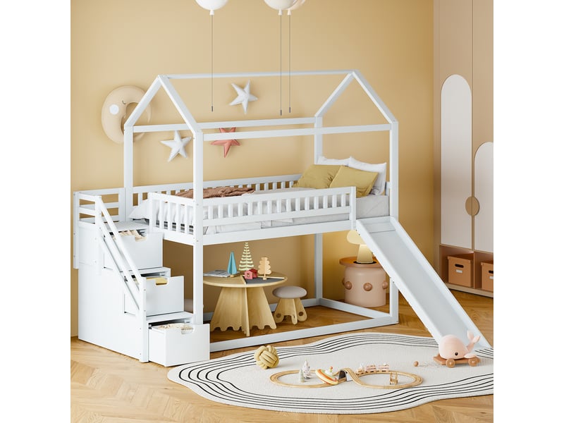Lit superposé 90x200 cm – lit enfant avec toboggan, espaces de rangement et échelle latérale, sans matelas, mdf, blanc - Conforama B