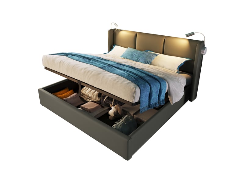 Lit coffre 140x200cm, lit adulte, lampe de lecture, rangement caché, tête de lit, bois, pu, métal , gris, sans matelas  - Conforama A