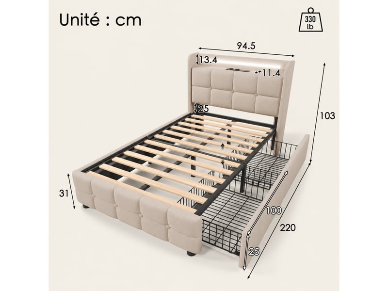  Lit simple rembourré 90 x 200 cm, tête de lit led, 2 usb + 2 prises, 2 tiroirs, sommier à lattes, matelas h3 inclus, beige  - Conforama C