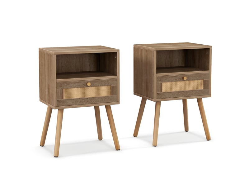  Rangement pratique, lot de 2 tables de chevet avec tiroir en rotin et étagère ouverte pour chambre ou salon HU10580OA-2 - Conforama E