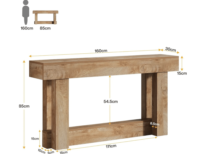  Table console 160x30x85 cm marron chêne clair avec étagère basse  - Conforama C