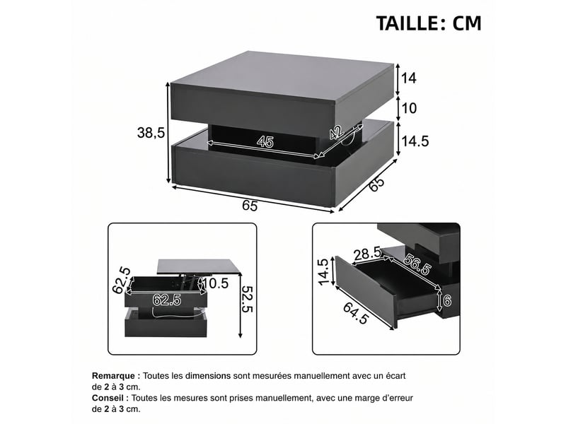  Table basse relevable noire 65 x 65 cm, led, rangement caché et 2 tiroirs, effet brillant  - Conforama E