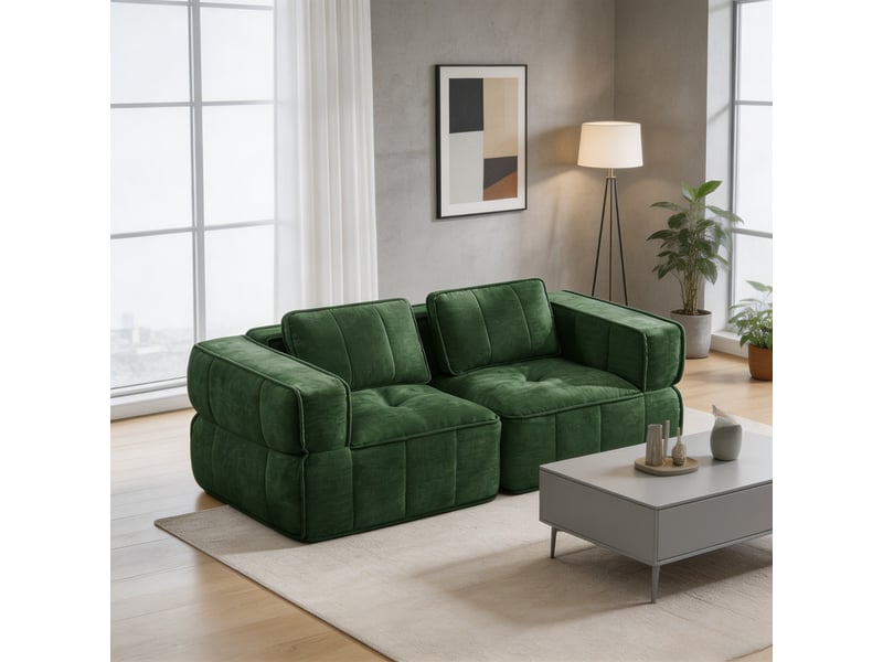  Canapé 2 places modulaire, sans cadre, mousse 32d, assise profonde, revêtement doux, 198×93×67 cm, vert  - Conforama D