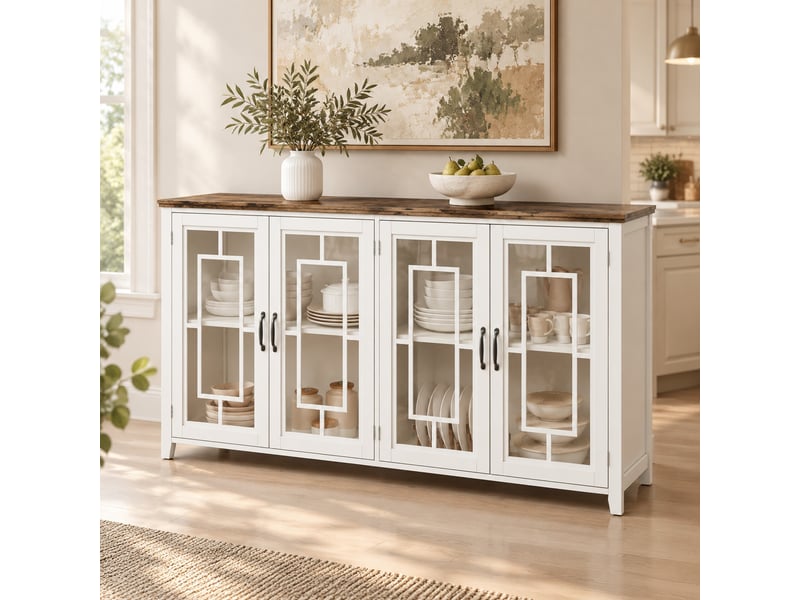  Buffet de cuisine 160x40x86 cm à portes vitrées, plateau effet bois rétro, mdf blanc  - Conforama C