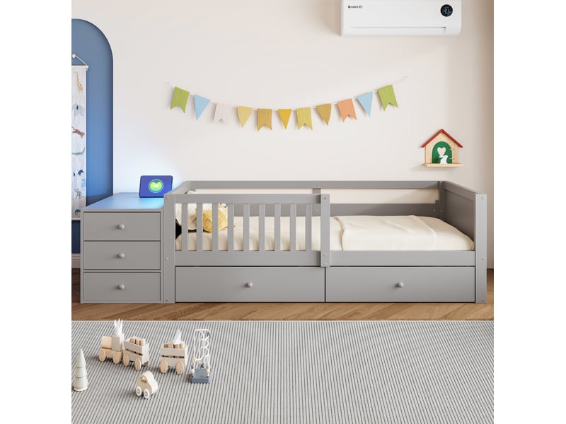  Lit enfant, 90 x 200 cm, avec rangement séparé, prise, led, 2 tiroirs pratiques, matelas non inclus, bois, coloris gris  - Conforama D