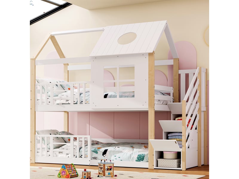  Lit superposé 90x200 cm, lit cabane enfant avec escalier de rangement et barrière de sécurité, en bois de pin et mdf, blanc  - Conforama B