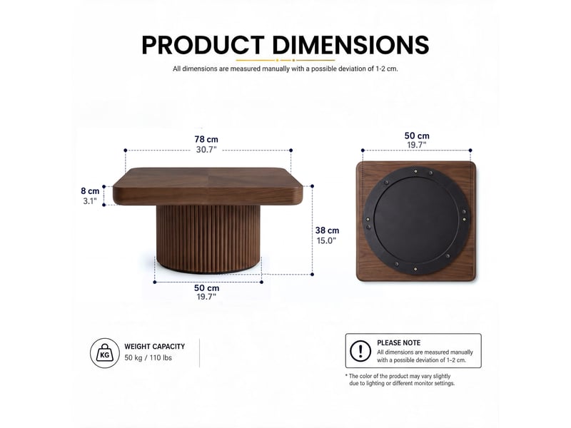 Table basse carrée à plateau façon parquet et pied central teinte noyer 78 × 78 × 38 cm IKSETERA TRADING LTD - Conforama C