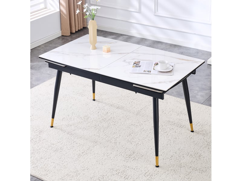  Table à manger extensible 140-200 cm avec plateau en céramique aspect marbre, piètement métal noir et embouts dorés  - Conforama B