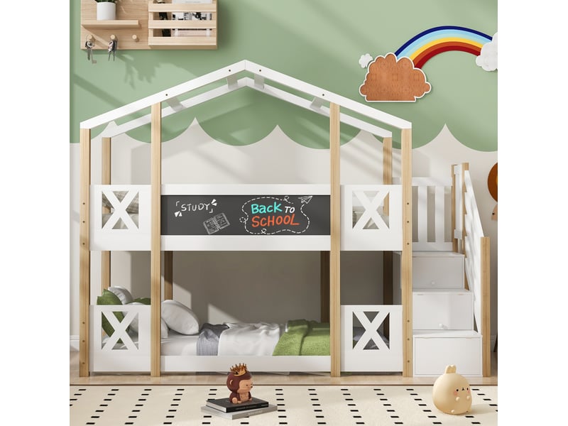  Lit superposé enfant cabane 90x200 cm avec escalier de rangement, blanc et naturel  - Conforama B