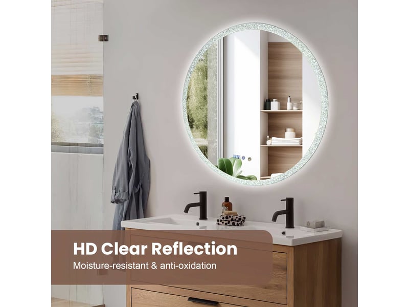 Miroir rond led 70 cm cadre cristal scintillant, 3 couleurs, luminosité réglable, tactile, mémoire, horloge, verre sécurit, salle de bain - Conforama D