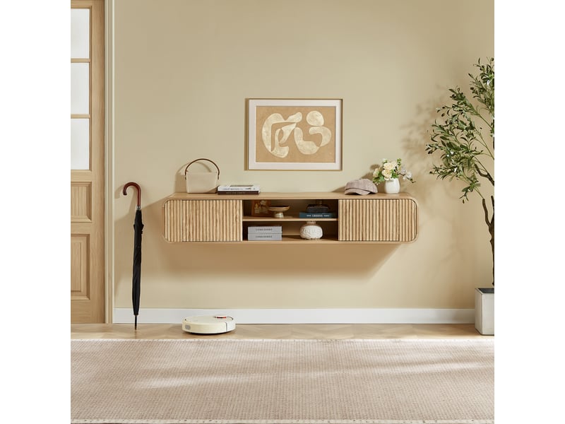  Meuble tv mural,160x38x30 cm,avec rangement,panneau de particules,coloris naturel  - Conforama B