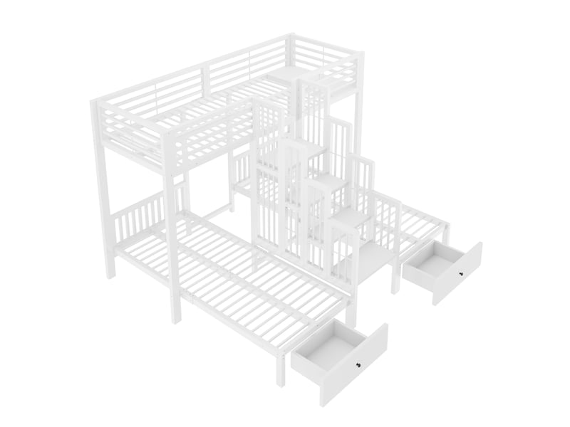  Lit superposé 90x200 cm blanc en métal avec escalier central et tiroirs  - Conforama E