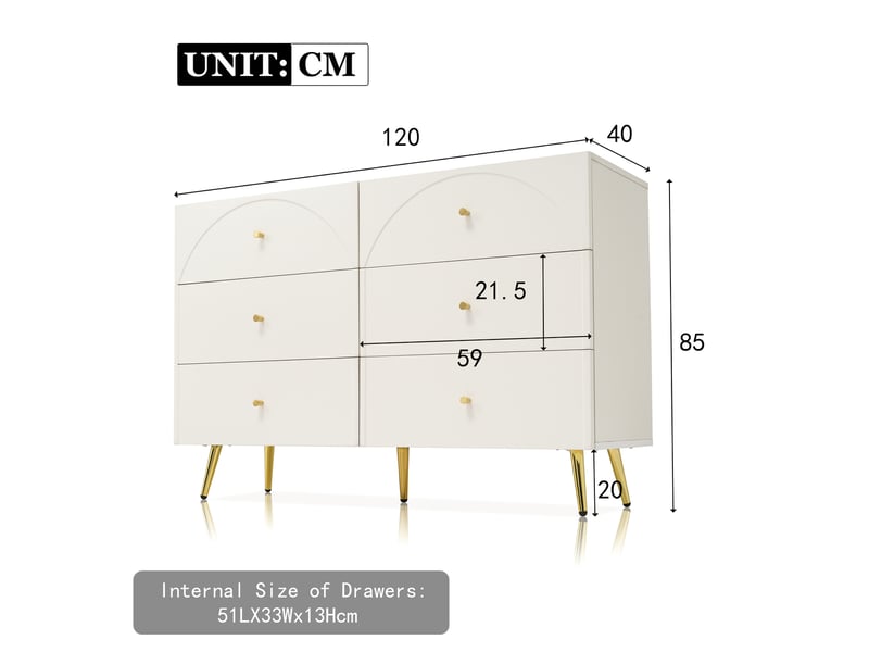  Commode avec 6 tiroirs à façades cintrées, pied réglable pour chambre en bois et métal, 120×40×85 cm crème et blanc  - Conforama D