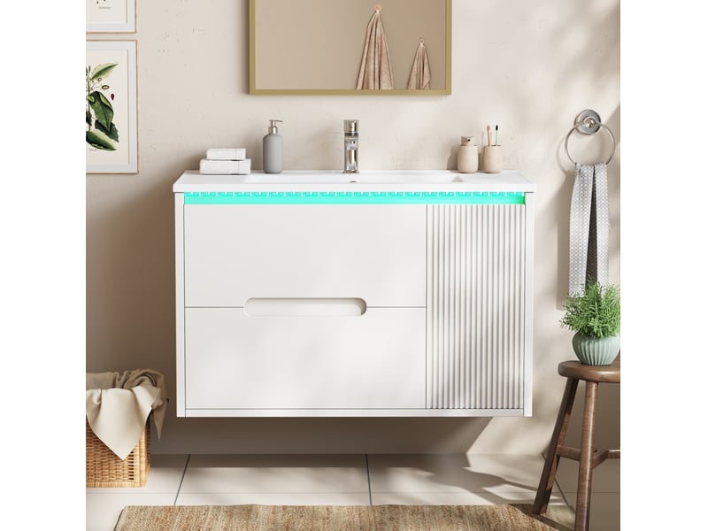  Meuble sous lavabo mural 81 x 47 x 51 cm - blanc - vasque en céramique, led pilotée par application  - Conforama B