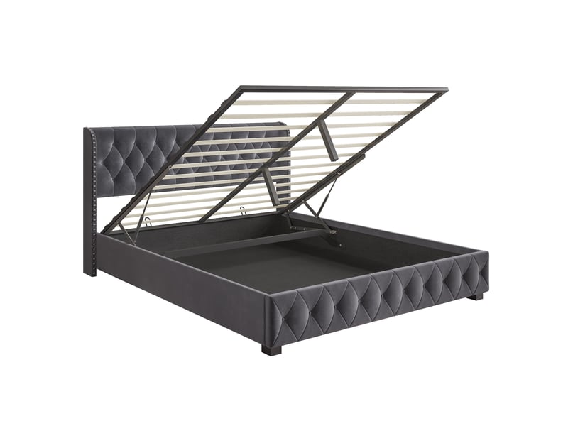  Lit coffre 140x190 cm, lit double avec sommier hydraulique relevable, tête de lit capitonnée à oreilles, rivets design classique, velours, gris foncé  - Conforama A