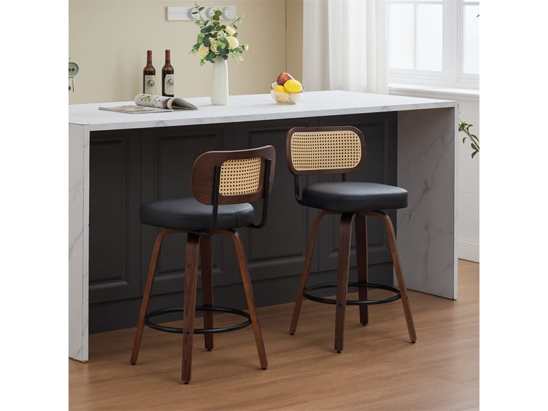  Lot de 2 tabourets de bar 42x56x90cm – aavec dossier en rotin et assise rembourrée – noyer et noir  - Conforama E