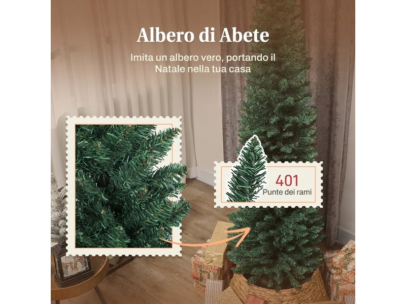  Sapin de noël artificiel mince de 210 cm avec 401 branches en forme de sapin, base en plastique, vert  - Conforama E
