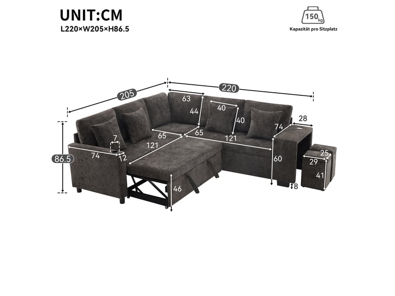  Canapé d'angle convertible modenvie 5 places 220 x 205 cm avec rangement usb usb-c chenille gris  - Conforama C