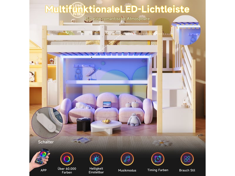  Lit superposé 90x200 cm, lit enfant, rangement, échelle sécurisée, led, bois de pin blanc et naturel  - Conforama R