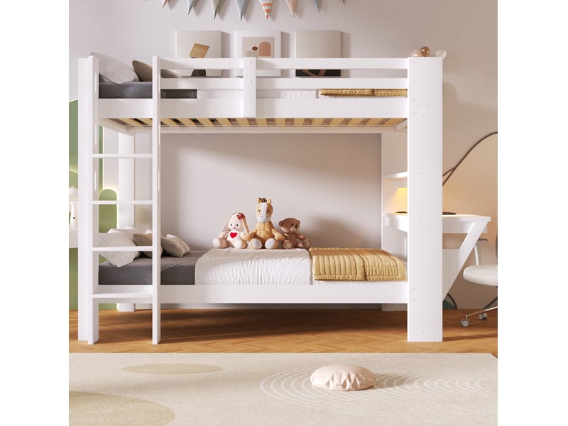 Lit superposé 2 couchages 90x200 cm, bureau prises usb type-c led, bois mdf blanc sans matelas - Conforama B