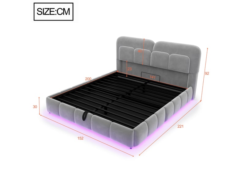  Lit coffre 140x200 cm, lit double, rangement hydraulique, led, velours gris  - Conforama W