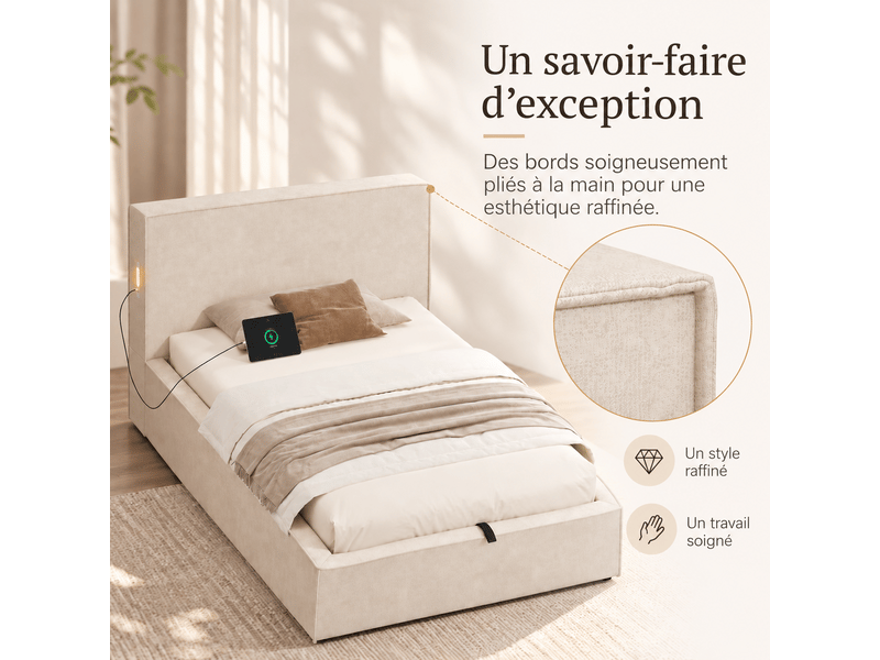  Lit coffre rembourré 90 x 200 cm avec rangement hydraulique, tête de lit 9 cm et cadre anti-glisse, en chenille beige, sans matelas  - Conforama D