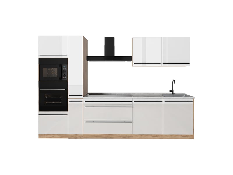  Vicco cuisine, blanc haute brillancechêne doré, 310cm plan de travail marbre  - Conforama A