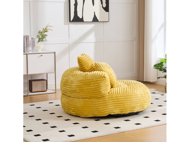  Fauteuil pouf 108x108x52 cm, dossier haut, jaune moutarde, revêtement en velours côtelé, avec 3 coussins, chaise longue durable et confortable  - Conforama D