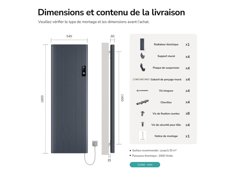  Emke radiateur électrique à convection 2000w, panneau chauffant mural en aluminium 160x54,5cm, thermostat wifi, anthracite  - Conforama E