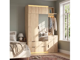 Ensemble dressing 135x47x200 cm avec miroir, led et 5 tiroirs décor chêne