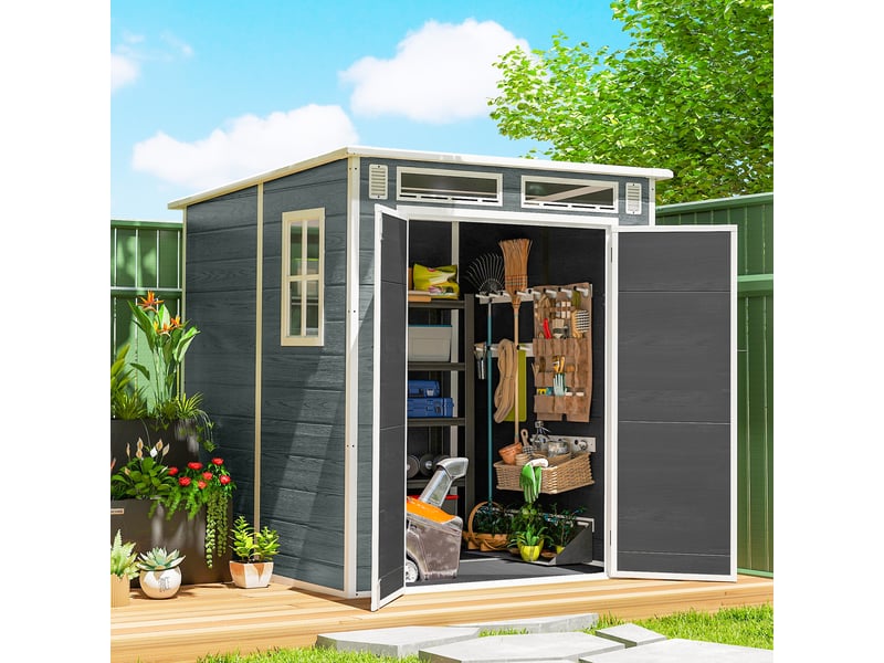  Abri de jardin en résine 3,3 m² avec plancher intégré, double porte, fenêtres, gris  - Conforama C