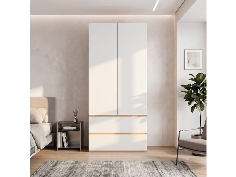  Armoire penderie 90 x 50 x 200 cm blanche décor chêne, mdf, 2 portes, 2 tiroirs et rangement supérieur  - Conforama E