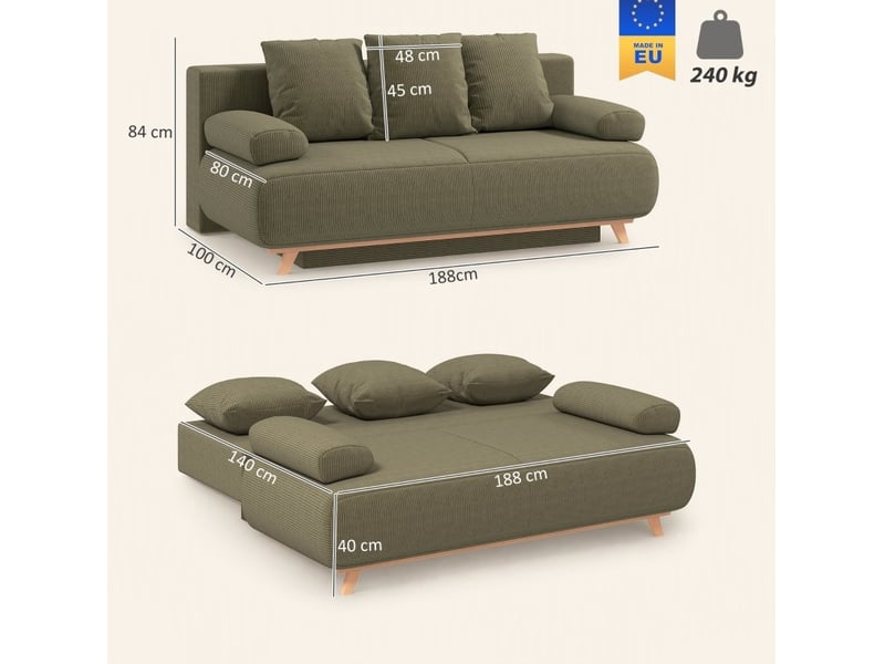 Canapé-lit 3 places 188 x 100 cm – vert foncé – dossier réglable, couchage et rangement caché - Conforama C